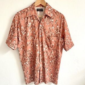 Vintage Mens 70s 80s Circles Disco Button Up Short Sleeve Brown Tan Poly Shirt